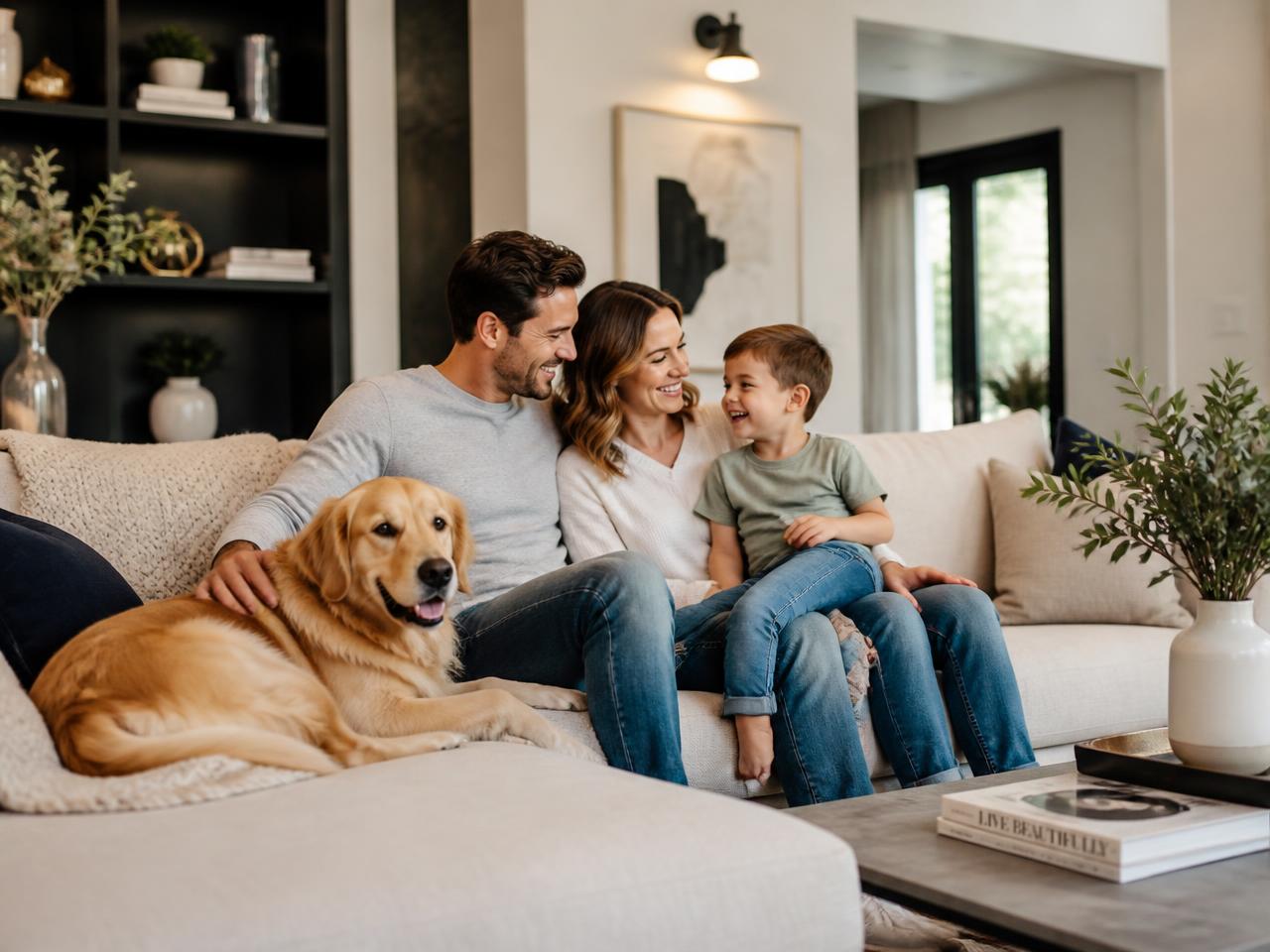 Família com criança e cachorro no sofá de uma sala moderna